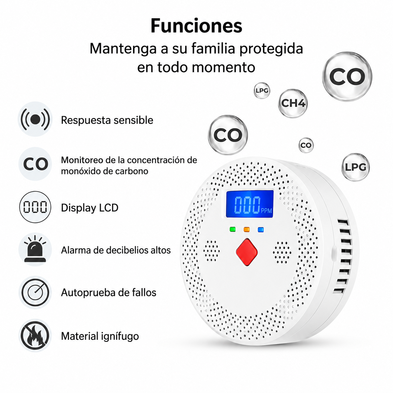 SENSOR MONOXIDO DE CARBONO CO ALARMA TUYA LCD BLANCO VOLTS