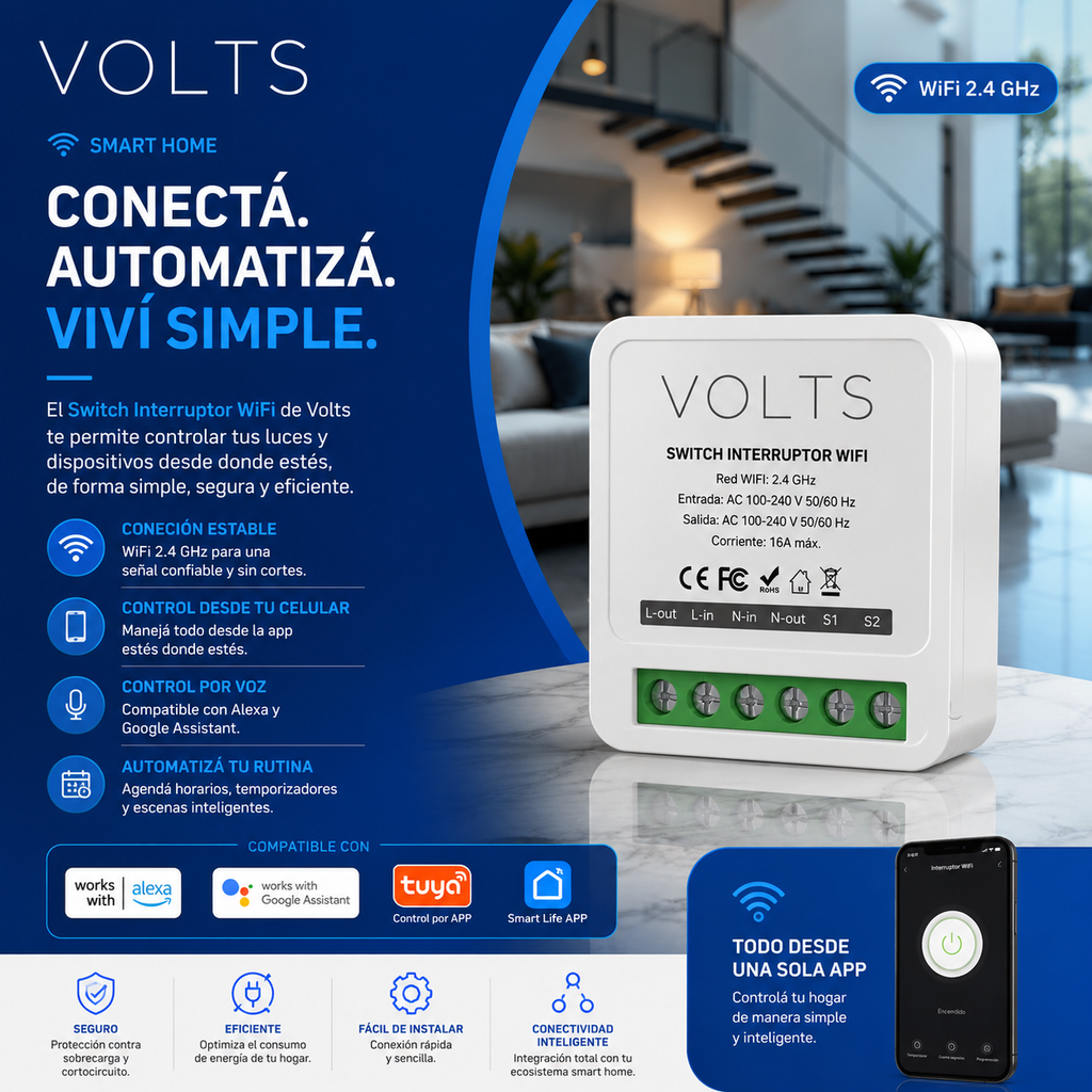 INTERRUPTOR INTELIGENTE WIFI SMART 1 CANAL SMARTLIFE VOLTS