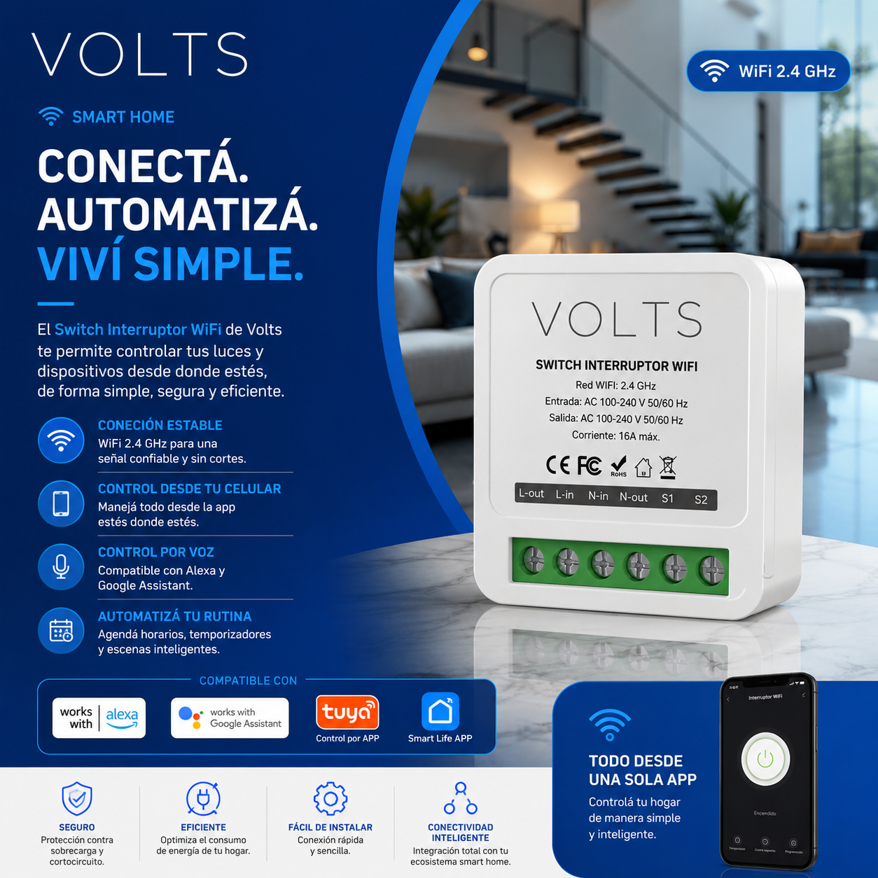 INTERRUPTOR INTELIGENTE WIFI SMART 1 CANAL SMARTLIFE VOLTS