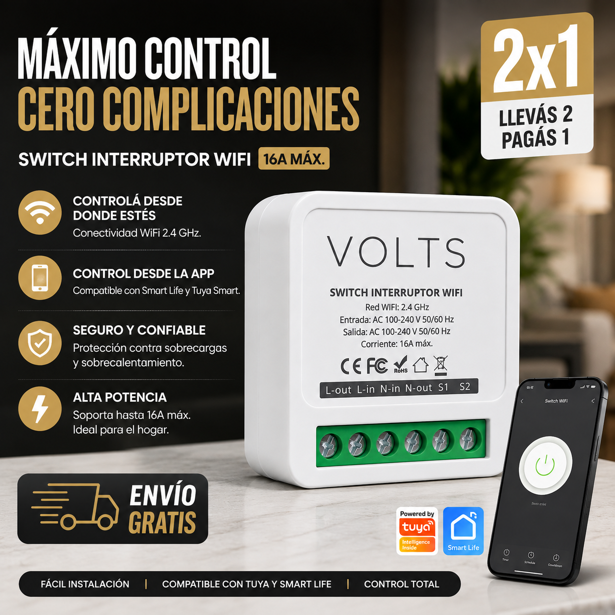 INTERRUPTOR INTELIGENTE WIFI SMART 1 CANAL SMARTLIFE VOLTS