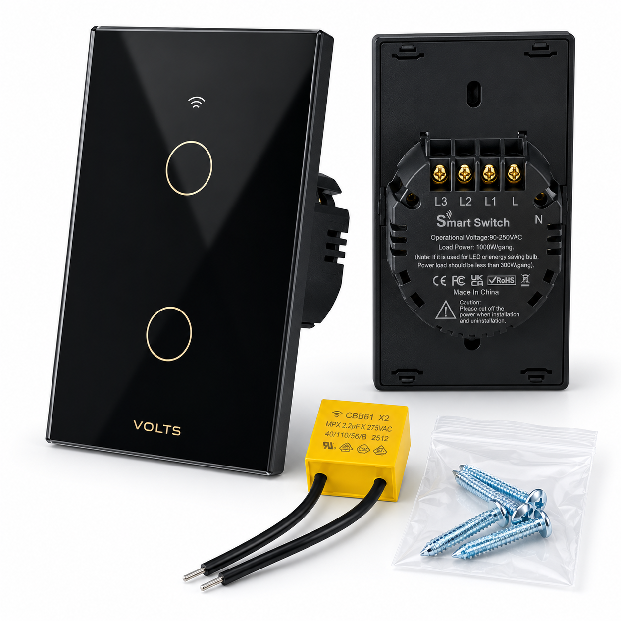 LLAVE DE LUZ SMART TACTIL 2 PUNTOS 10A WIFI+RF+BLUETOOTH NEGRO